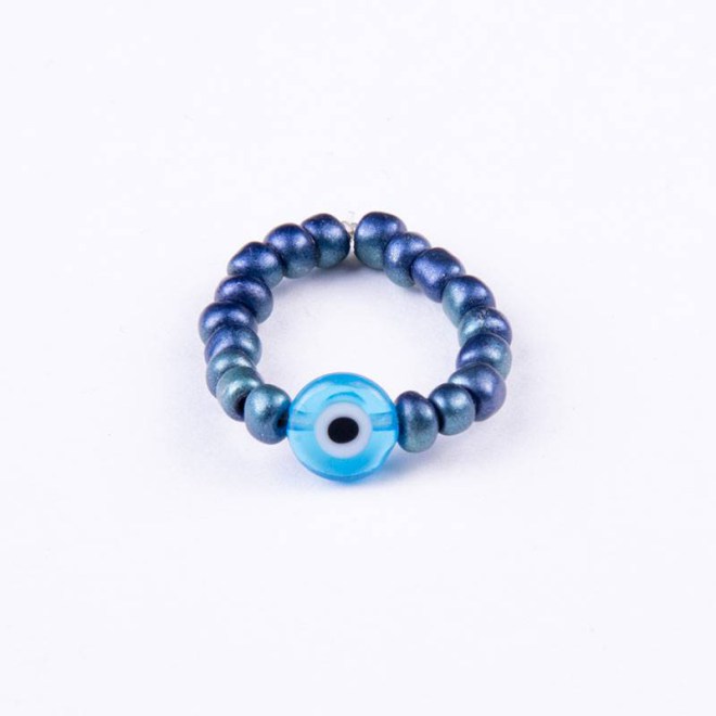 Δαχτυλίδι με γυάλινες χάντρες μπλέ περλέ και γυάλινο ματάκι γαλάζιο σε κορδόνι σιλικόνης